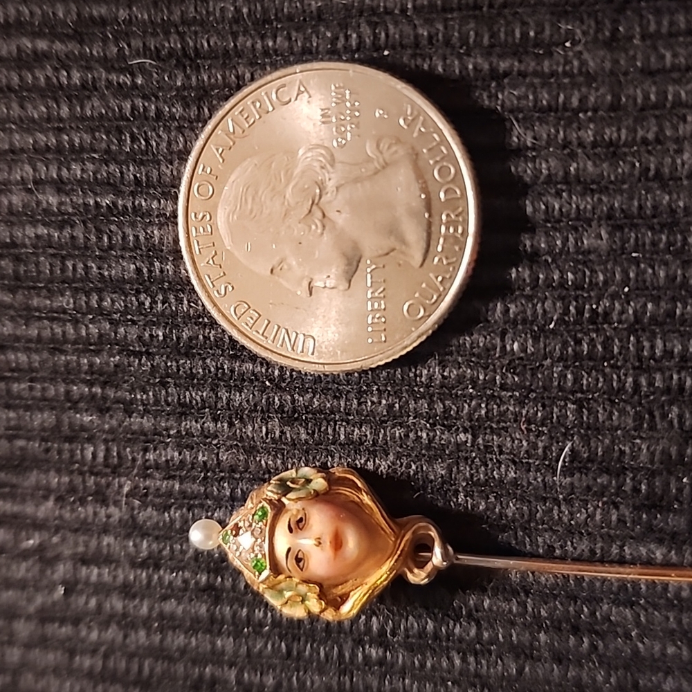 14k Antique Stickpin | Art Nouveau Enamel Woman Stickpin